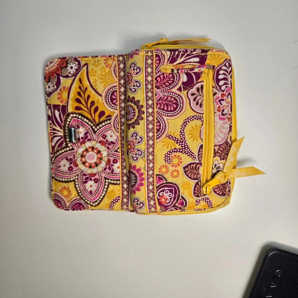 Vera Bradley Retired Yellow Purple Floral Accordion Zip Around Wallet Organizer‎
